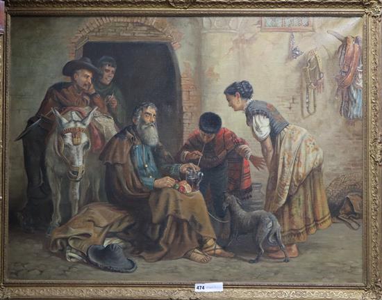 Italian School, oil on canvas, A sleeping pilgrim and attendants, indistinctly signed, 75 x 101cm